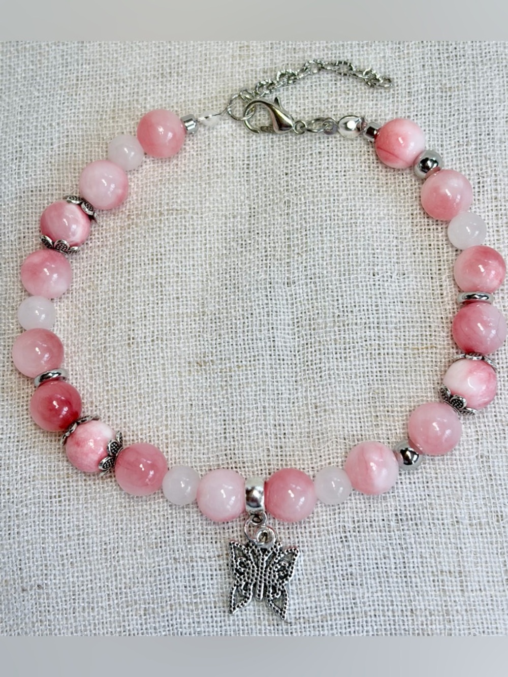 Pink Beaded Butterfly Charm Bracelet.Persian Jade,Moonstone.Love,self-acceptance